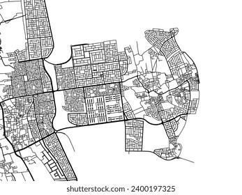 Mapa vectorial de la ciudad de Tarut en el Reino de Arabia Saudita con carreteras negras aisladas en un fondo blanco.