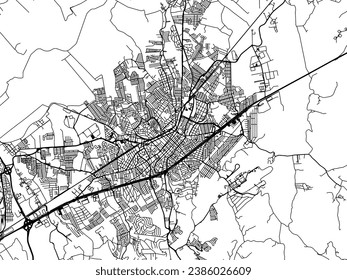 Mapa vectorial de la ciudad de Taubate en Brasil con carreteras negras aisladas en un fondo blanco.