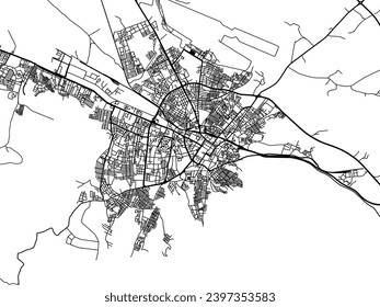 Mapa vectorial de la ciudad de Tebessa en Argelia con carreteras negras aisladas en un fondo blanco.
