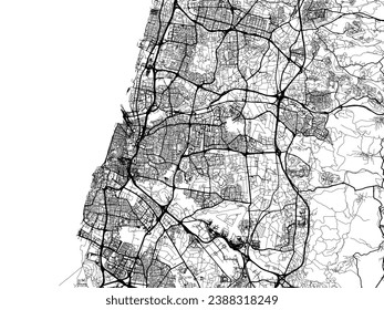 Vector city map of Tel Aviv Metro in Israel with black roads isolated on a white background.