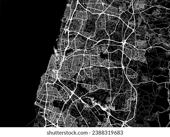 Vector city map of Tel Aviv Metro in Israel with white roads isolated on a black background.