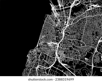 Vector city map of Tel Aviv in Israel with white roads isolated on a black background.