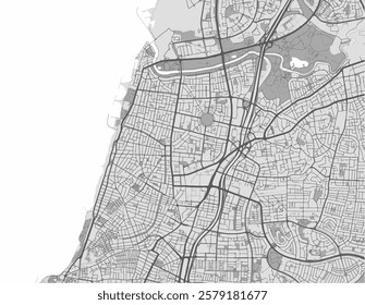 Vector city map of Tel Aviv Center in Israel with black roads isolated on a grey background.