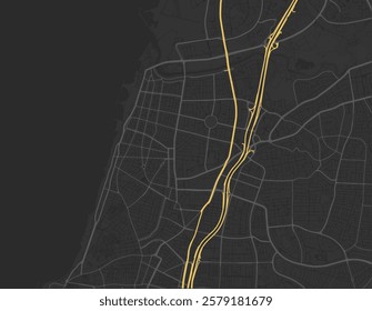 Vector city map of Tel Aviv Center in Israel with yellow roads isolated on a brown background.