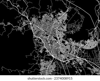 Mapa de la ciudad vectorial de Tepic en México con caminos blancos aislados en un fondo negro.