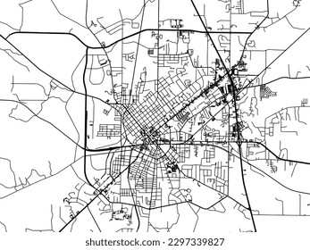 Mapa de la ciudad vectorial de Thomasville Georgia en los Estados Unidos de América con carreteras negras aisladas en un fondo blanco.