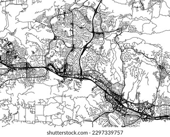 Mapa de la ciudad vectorial de Thousand Oaks California en Estados Unidos de América con carreteras negras aisladas en un fondo blanco.