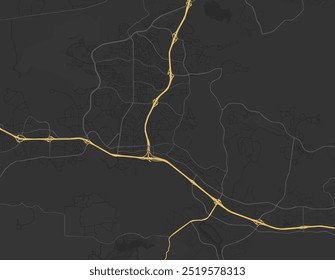 Mapa vetorial da cidade de Thousand Oaks, Califórnia, nos Estados Unidos da América, com estradas amarelas isoladas sobre um fundo marrom.