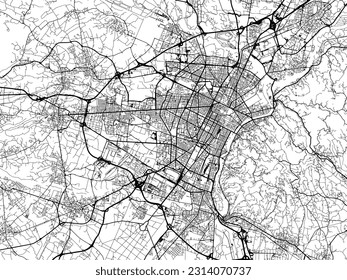 Mapa vectorial de la ciudad de Torino Metropolis en Italia con carreteras negras aisladas en un fondo blanco.