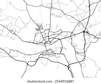 Mapa vetorial de Torun, na Polônia, com estradas pretas isoladas sobre um fundo branco.