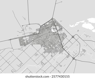 Vector city map of Trelew in Argentina with black roads isolated on a grey background.