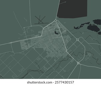 Vector city map of Trelew in Argentina with white roads isolated on a green background.