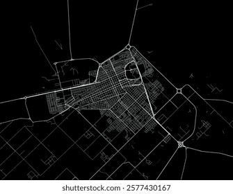 Vector city map of Trelew in Argentina with white roads isolated on a black background.