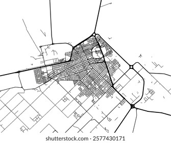 Vector city map of Trelew in Argentina with black roads isolated on a white background