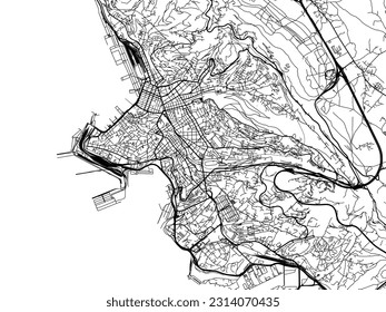 Vector city map of Trieste in Italy with black roads isolated on a white background.