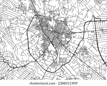 Mapa vectorial de Trikala en Grecia con carreteras negras aisladas en un fondo blanco.