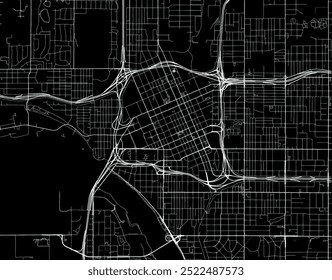 Mapa vetorial da cidade de Tulsa Center Oklahoma, nos Estados Unidos da América, com estradas brancas isoladas sobre um fundo preto.