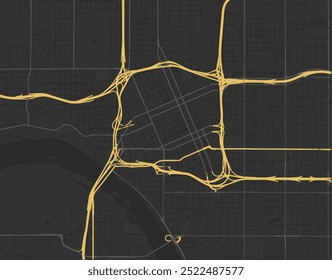 Mapa da cidade vetorial do Tulsa Center Oklahoma nos Estados Unidos da América com estradas amarelas isoladas sobre um fundo marrom.