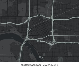 Mapa vetorial da cidade de Tulsa Center Oklahoma, nos Estados Unidos da América, com estradas brancas isoladas sobre um fundo cinza.