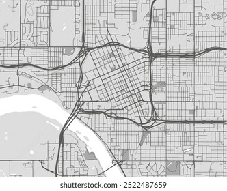 Mapa vetorial da cidade de Tulsa Center Oklahoma, nos Estados Unidos da América, com estradas pretas isoladas sobre um fundo cinza.