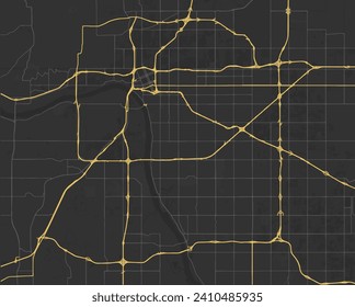 Vector city map of Tulsa Oklahoma in the United States of America with yellow roads isolated on a brown background.