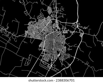 Vector city map of Tulua in Colombia with white roads isolated on a black background.