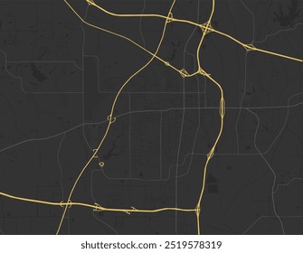 Mapa vetorial de Tupelo Mississippi nos Estados Unidos da América com estradas amarelas isoladas sobre um fundo marrom.