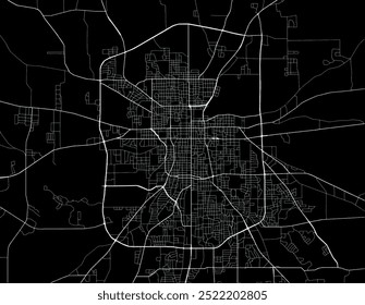 Mapa vetorial da cidade de Tyler Texas nos Estados Unidos da América com estradas brancas isoladas sobre um fundo preto.