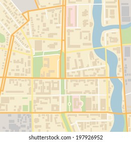 Vector city map with typical locations and objects like roads, houses, river, gardens, parks, industrial zones, hospitals and government.