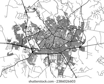 Vector city map of Uberaba in Brazil with black roads isolated on a white background.