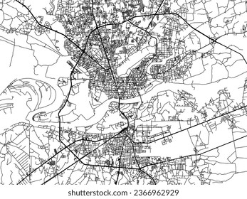 Mapa de la ciudad vector de Ubon Ratchathani en Tailandia con carreteras negras aisladas en un fondo blanco.