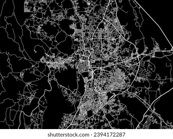 Mapa de la ciudad vectorial de Udaipur en la República de India con carreteras blancas aisladas en un fondo negro.