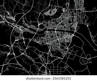 Vector city map of Ulsan in the South Korea with white roads isolated on a black background.