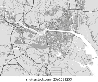 Vector city map of Ulsan in the South Korea with black roads isolated on a grey background.