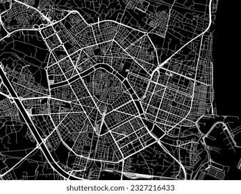 Vector city map of Valencia in Spain with white roads isolated on a black background.