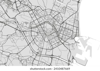 Vector city map of Valencia in Spain with black roads isolated on a grey background.