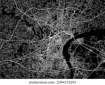 Mapa vectorial de la ciudad de Varanasi en la República de India con caminos blancos aislados en un fondo negro.