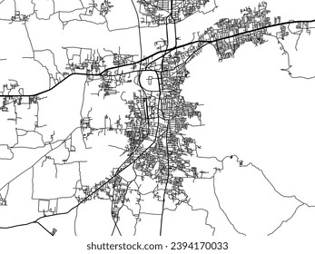Mapa de Vellore en la República de India con carreteras negras aisladas en un fondo blanco.