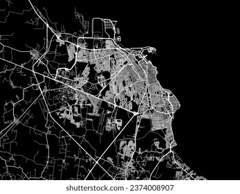 Mapa vectorial de Veracruz en México con caminos blancos aislados en un fondo negro.