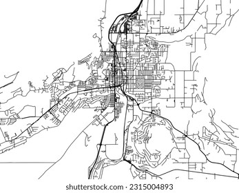 Mapa de la ciudad vectorial de la Columbia Británica Vernon en Canadá con carreteras negras aisladas en un fondo blanco.