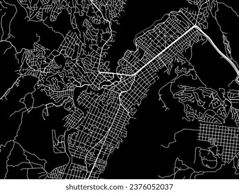 Vector city map of Villa Carlos Paz in Argentina with white roads isolated on a black background.