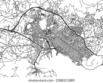 Mapa vectorial de la ciudad de Volos en Grecia con carreteras negras aisladas en un fondo blanco.