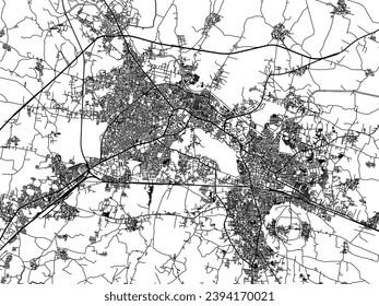 Vector city map of Warangal in the Republic of India with black roads isolated on a white background.
