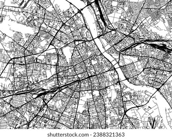 Vector city map of Warsaw in Poland with black roads isolated on a white background.