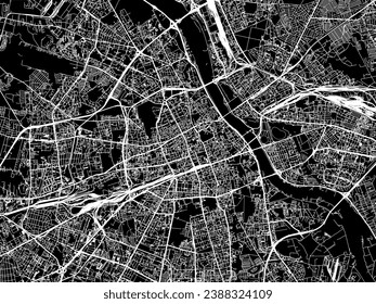 Mapa vectorial de Varsovia en Polonia con caminos blancos aislados en un fondo negro.