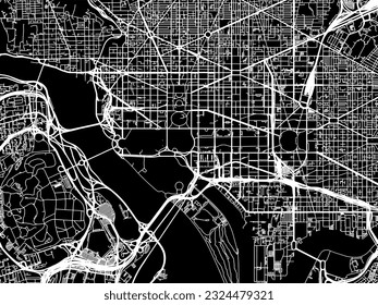 Mapa de la ciudad vectorial del distrito de Washington de Columbia en los Estados Unidos de América con carreteras blancas aisladas en un fondo negro.