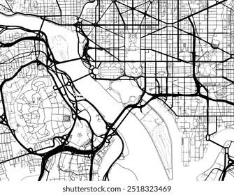 Mapa vetorial da cidade de Washington District of Columbia nos Estados Unidos da América com estradas pretas isoladas sobre um fundo branco.