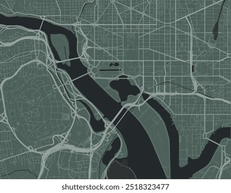 Mapa vetorial da cidade de Washington District of Columbia nos Estados Unidos da América com estradas brancas isoladas sobre um fundo verde.