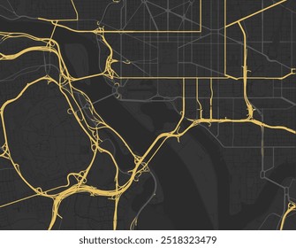 Mapa vetorial da cidade de Washington District of Columbia nos Estados Unidos da América com estradas amarelas isoladas sobre um fundo marrom.