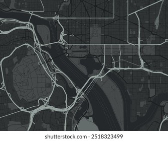 Mapa vetorial da cidade de Washington District of Columbia nos Estados Unidos da América com estradas brancas isoladas sobre um fundo cinza.